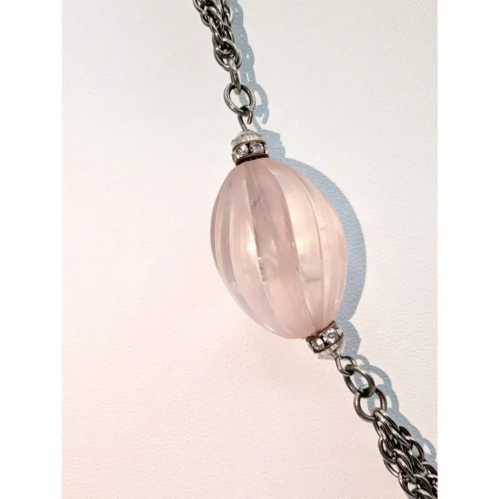 Vtg Art Deco Style Pink Swirl & Crystal Bead Silver Tone Dangle Chain Necklace